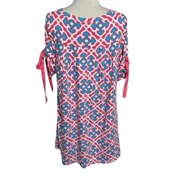 Crown & Ivy L pink blue‎ white punchy print swing dress with tied bell sleeves - Picture 4 of 7